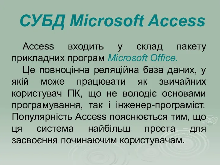 СУБД Microsoft Access Access входить у склад пакету прикладних програм Microsoft