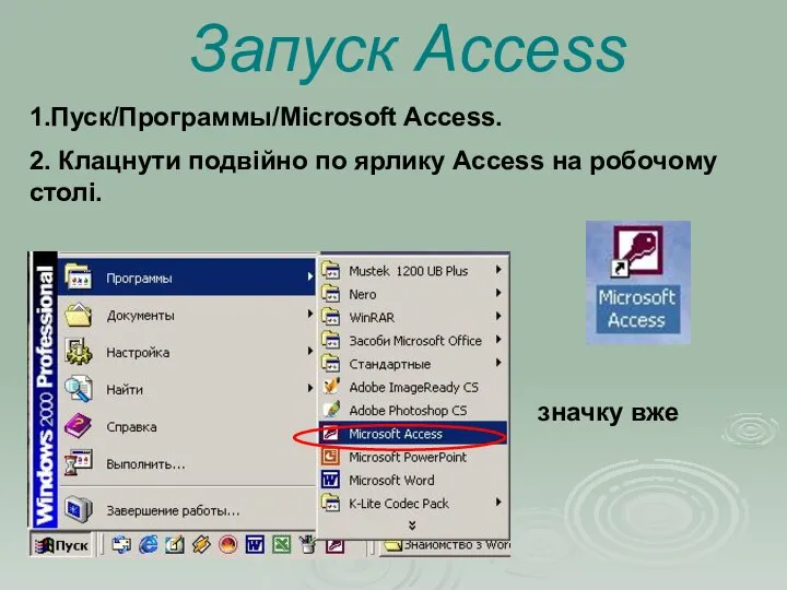 1.Пуск/Программы/Microsoft Access. 2. Клацнути подвійно по ярлику Access на робочому столі.