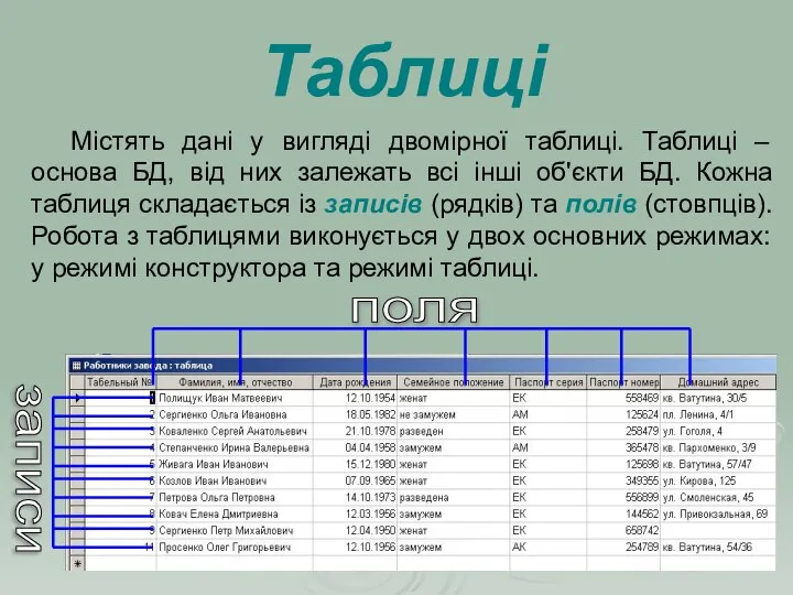 Містять дані у вигляді двомірної таблиці. Таблиці – основа БД, від