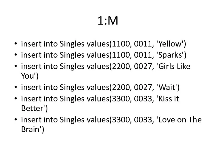 1:M insert into Singles values(1100, 0011, 'Yellow') insert into Singles values(1100,