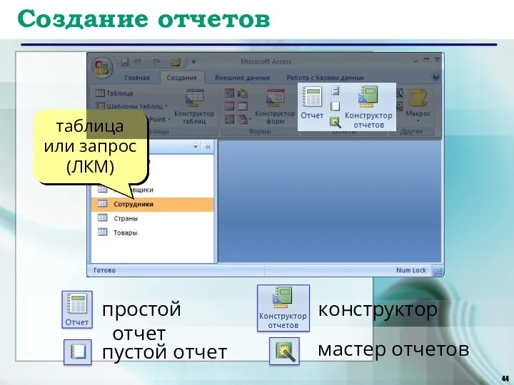 Создание отчетов таблица или запрос (ЛКМ) простой отчет конструктор пустой отчет мастер отчетов