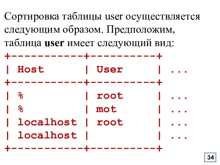 Сортировка таблицы user осуществляется следующим образом. Предположим, таблица user имеет следующий