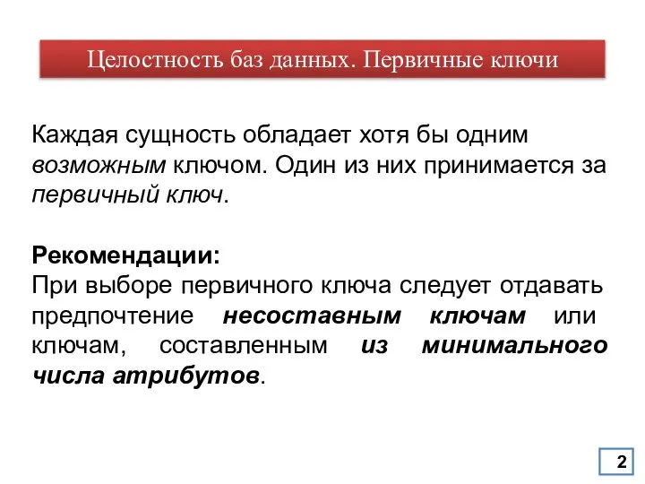 Каждая сущность обладает хотя бы одним возможным ключом. Один из них