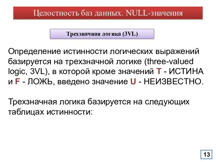Целостность баз данных. NULL-значения Трехзначная логика (3VL) Определение истинности логических выражений