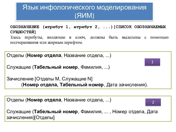 Отделы (Номер отдела, Название отдела, ...) Служащие (Табельный номер, Фамилия, ...)