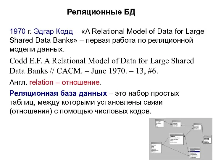 Реляционные БД 1970 г. Эдгар Кодд – «A Relational Model of