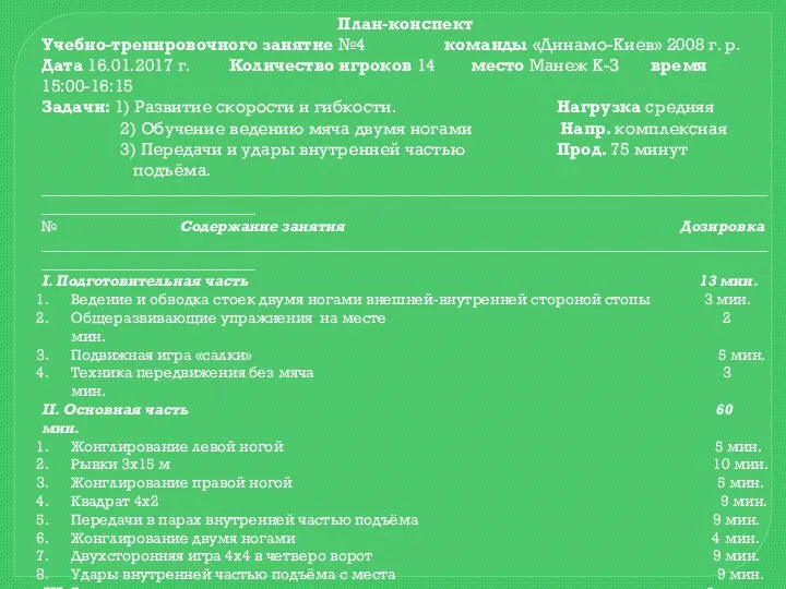 План-конспект Учебно-тренировочного занятие №4 команды «Динамо-Киев» 2008 г. р. Дата 16.01.2017