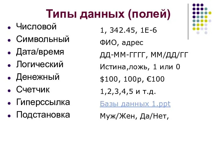 1, 342.45, 1Е-6 ФИО, адрес ДД-ММ-ГГГГ, ММ/ДД/ГГ Истина,ложь, 1 или 0