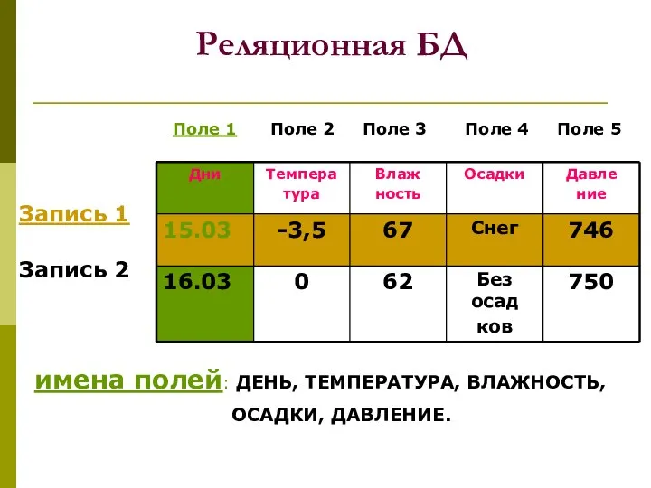 Реляционная БД имена полей: ДЕНЬ, ТЕМПЕРАТУРА, ВЛАЖНОСТЬ, ОСАДКИ, ДАВЛЕНИЕ. Поле 1