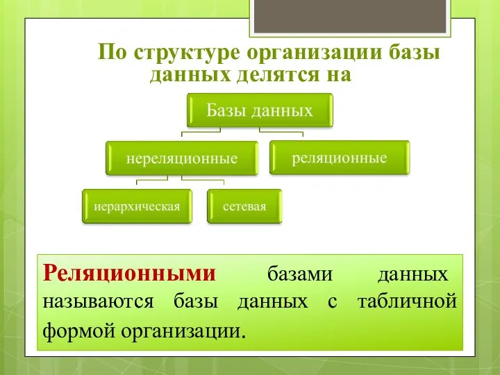 По структуре организации базы данных делятся на Реляционными базами данных называются