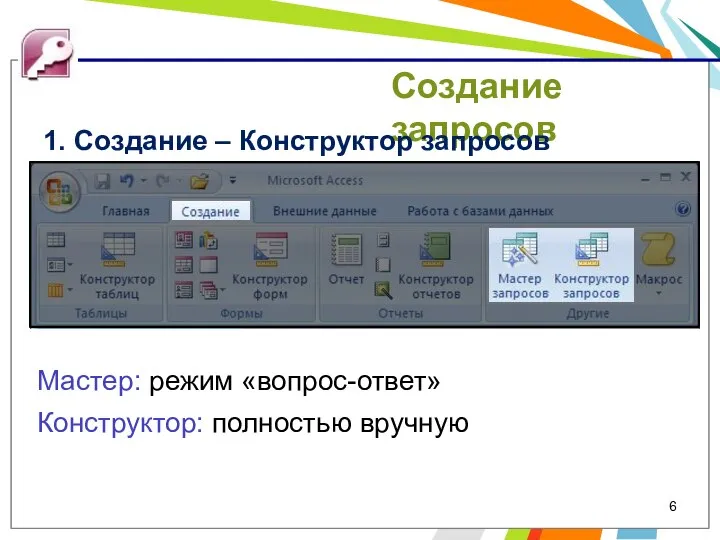 Создание запросов Мастер: режим «вопрос-ответ» Конструктор: полностью вручную 1. Создание – Конструктор запросов