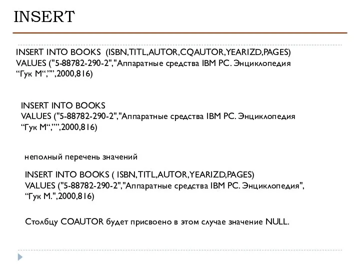 INSERT INSERT INTO BOOKS (ISBN,TITL,AUTOR,CQAUTOR,YEARIZD,PAGES) VALUES ("5-88782-290-2","Аппаратные средства IBM PC. Энциклопедия