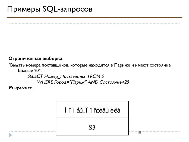 Примеры SQL-запросов Ограниченная выборка "Выдать номера поставщиков, которые находятся в Париже