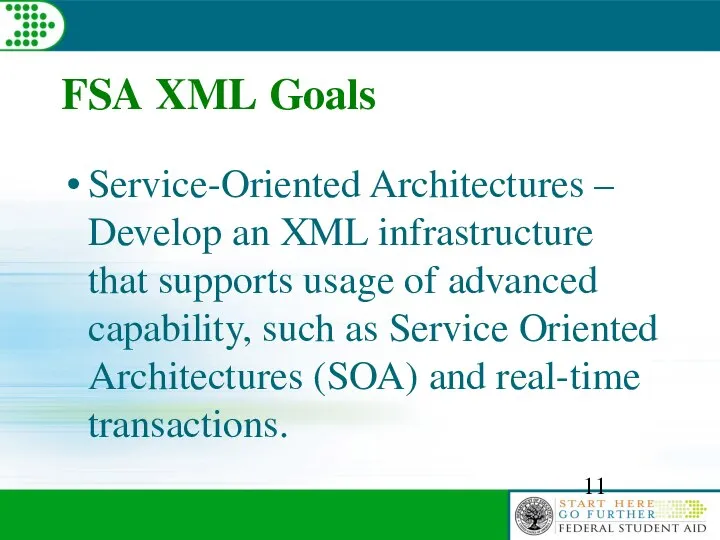 FSA XML Goals Service-Oriented Architectures – Develop an XML infrastructure that