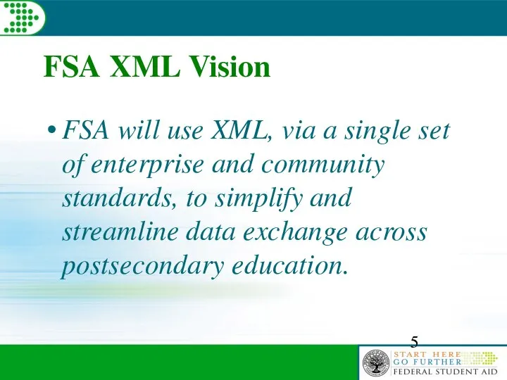 FSA XML Vision FSA will use XML, via a single set