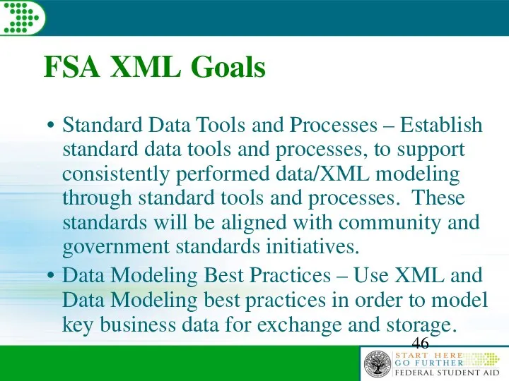FSA XML Goals Standard Data Tools and Processes – Establish standard