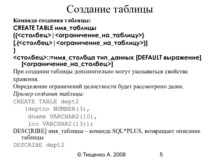 © Тищенко А. 2008 Создание таблицы Команда создания таблицы: CREATE TABLE