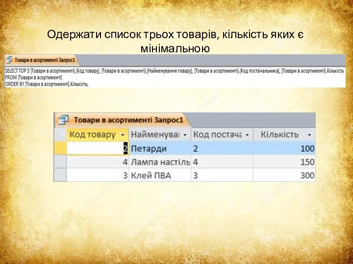 Одержати список трьох товарів, кількість яких є мінімальною