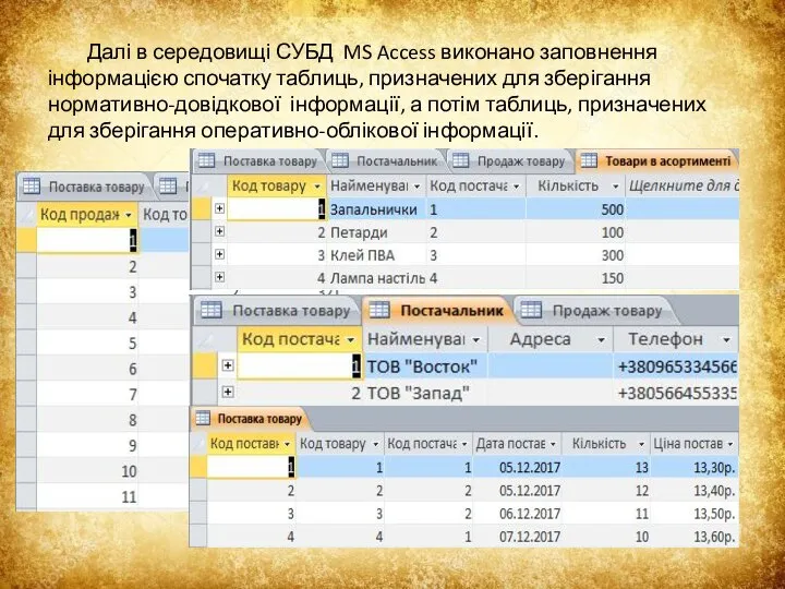 Далі в середовищі СУБД MS Access виконано заповнення інформацією спочатку таблиць,