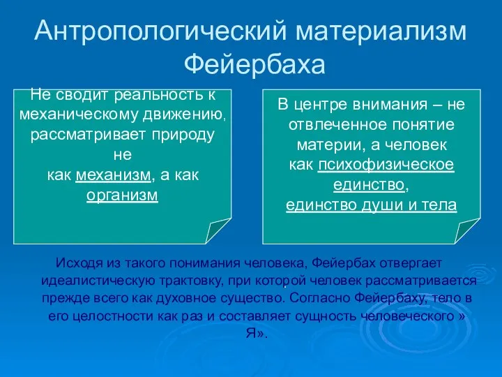 Антропологический материализм Фейербаха Исходя из такого понимания человека, Фейербах отвергает идеалистическую