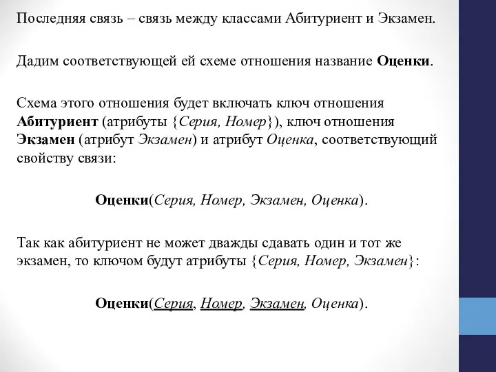 Последняя связь – связь между классами Абитуриент и Экзамен. Дадим соответствующей