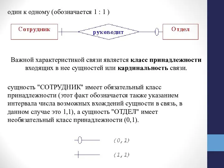 один к одному (обозначается 1 : 1 ) Важной характеристикой связи