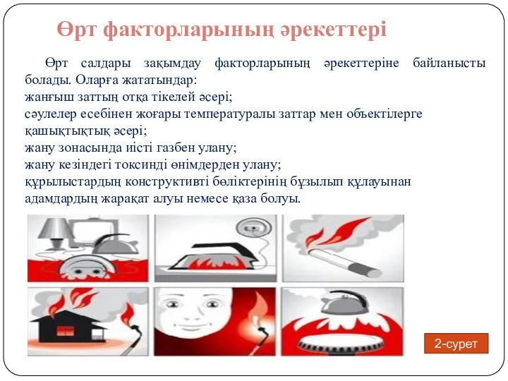 Өрт факторларының әрекеттері Өрт салдары зақымдау факторларының әрекеттеріне байланысты болады. Оларға