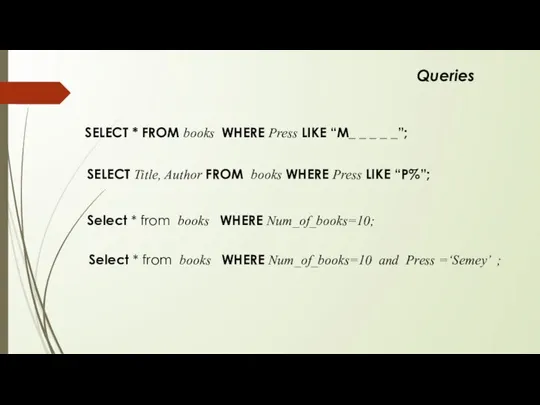 Queries SELECT * FROM books WHERE Press LIKE “M_ _ _