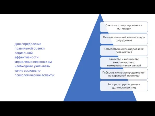 Для определения правильной оценки социальной эффективности управления персоналом необходимо учитывать такие социально-психологические аспекты: