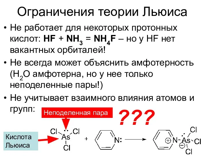 Ограничения теории Льюиса Не работает для некоторых протонных кислот: HF +