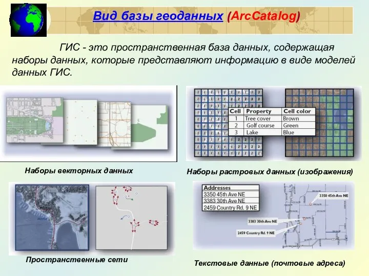 Вид базы геоданных (ArcCatalog) Наборы векторных данных Наборы растровых данных (изображения)