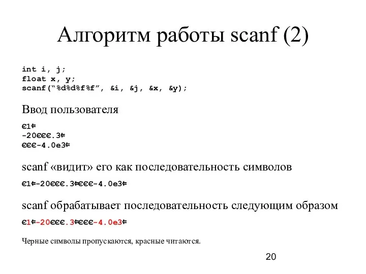 Алгоритм работы scanf (2) int i, j; float x, y; scanf(“%d%d%f%f”,