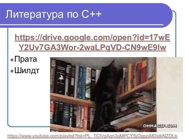 Литература по C++ https://drive.google.com/open?id=17wEY2Uv7GA3Wor-2waLPqVD-CN9wE9lw Прата Шилдт https://www.youtube.com/playlist?list=PL_TCIVgAqn3qMPCYSjOgpzjMDstkNZOLb