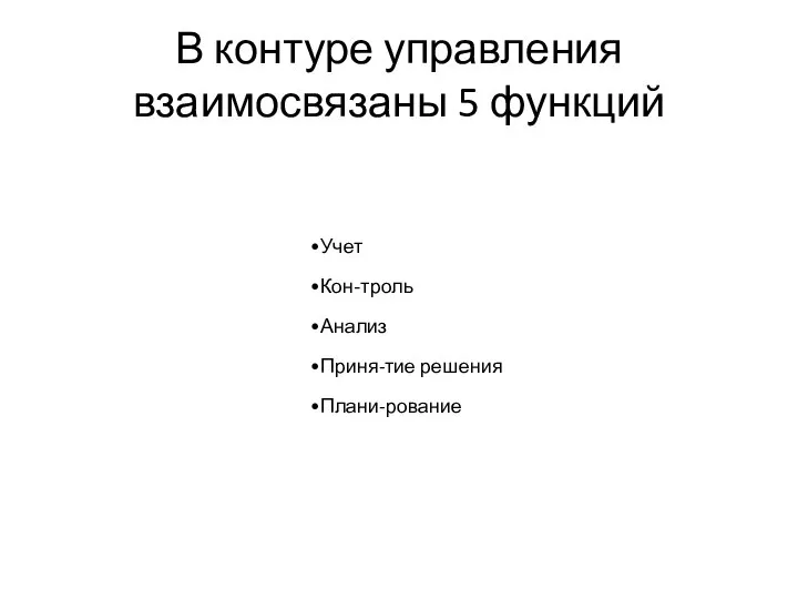 В контуре управления взаимосвязаны 5 функций Учет Кон-троль Анализ Приня-тие решения Плани-рование