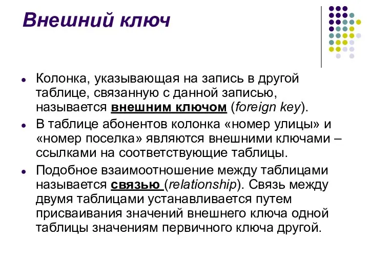 Внешний ключ Колонка, указывающая на запись в другой таблице, связанную с