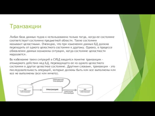 Транзакции Любая база данных годна к использованию только тогда, когда ее