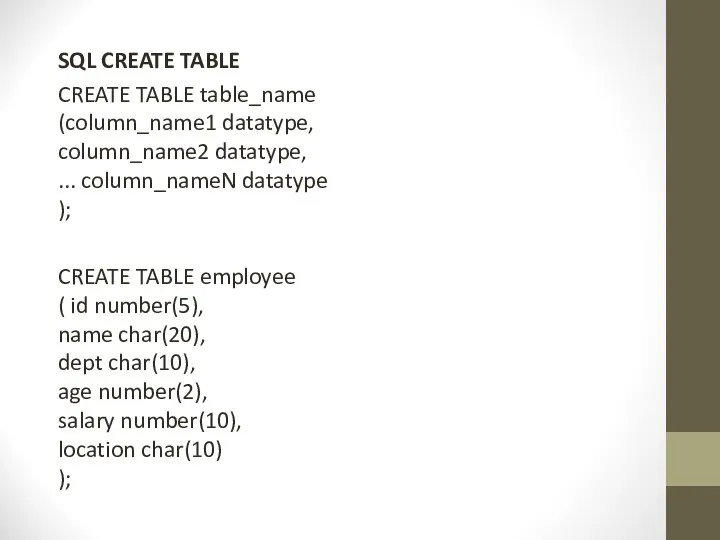 SQL CREATE TABLE CREATE TABLE table_name (column_name1 datatype, column_name2 datatype, ...