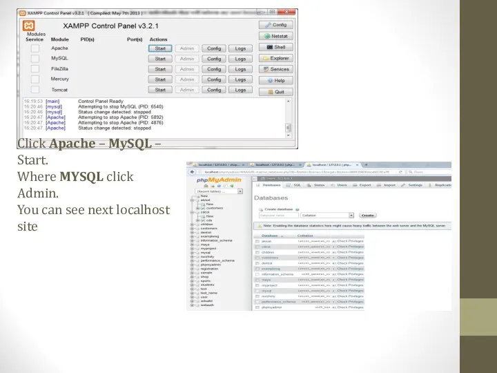 Click Apache – MySQL – Start. Where MYSQL click Admin. You can see next localhost site