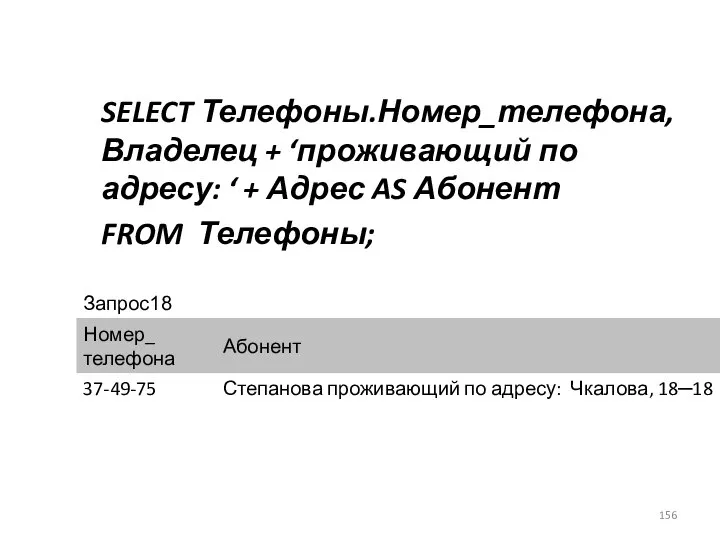 SELECT Телефоны.Номер_телефона, Владелец + ‘проживающий по адресу: ‘ + Адрес AS Абонент FROM Телефоны;