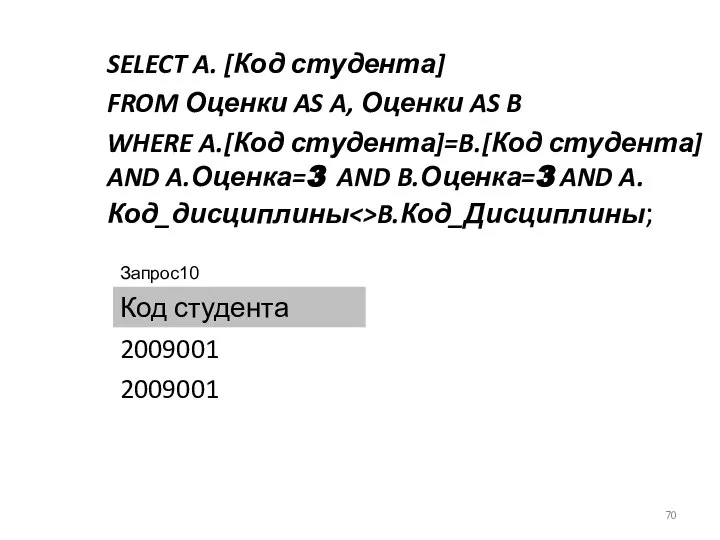 SELECT A. [Код студента] FROM Оценки AS A, Оценки AS B