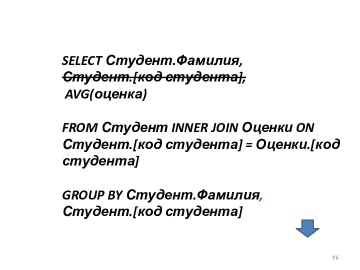 SELECT Студент.Фамилия, Студент.[код студента], AVG(оценка) FROM Студент INNER JOIN Оценки ON