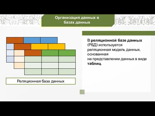 Организация данных в базах данных В реляционной базе данных (РБД) используется