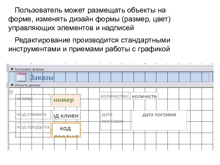 Пользователь может размещать объекты на форме, изменять дизайн формы (размер, цвет)