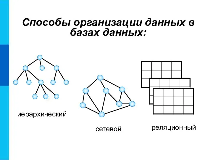 иерархический Способы организации данных в базах данных: сетевой реляционный