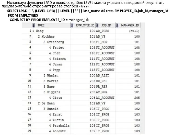 Используя функцию LPAD и псевдостолбец LEVEL можно украсить выводимый результат, предварительно