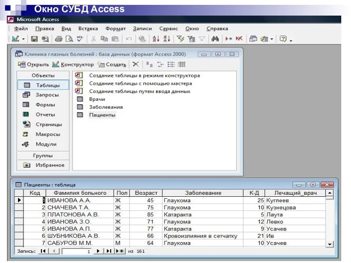 Окно СУБД Access