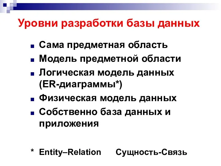 Уровни разработки базы данных Сама предметная область Модель предметной области Логическая