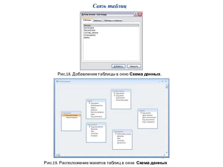 Связь таблиц Рис.18. Добавление таблицы в окно Схема данных. Рис.19. Расположение