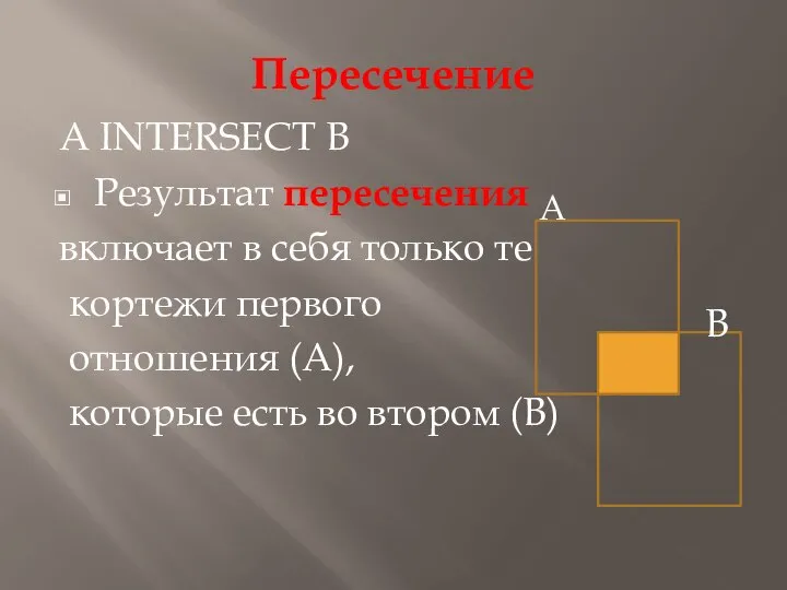 Пересечение А INTERSECT В Результат пересечения включает в себя только те