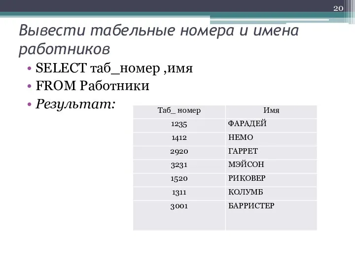 Вывести табельные номера и имена работников SELECT таб_номер ,имя FROM Работники Результат: